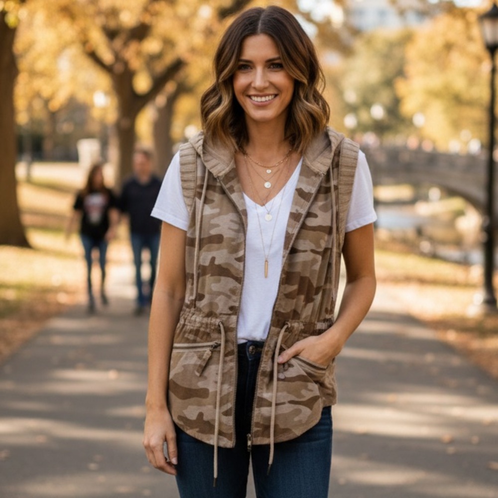 DKNY Active Beige camouflage vest with hoodie,stretchable and with drawstrings